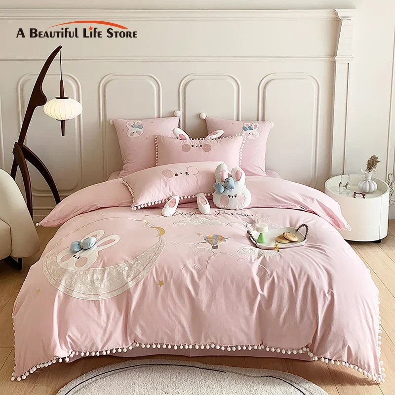 Afralia™ Cartoon Rabbit Moon Embroidery 100% Cotton Girls Bedding Set with Ball Edge
