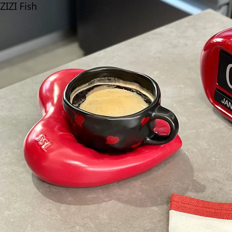 Afralia™ Creative Heart Porcelain Coffee Mug & Saucer Set