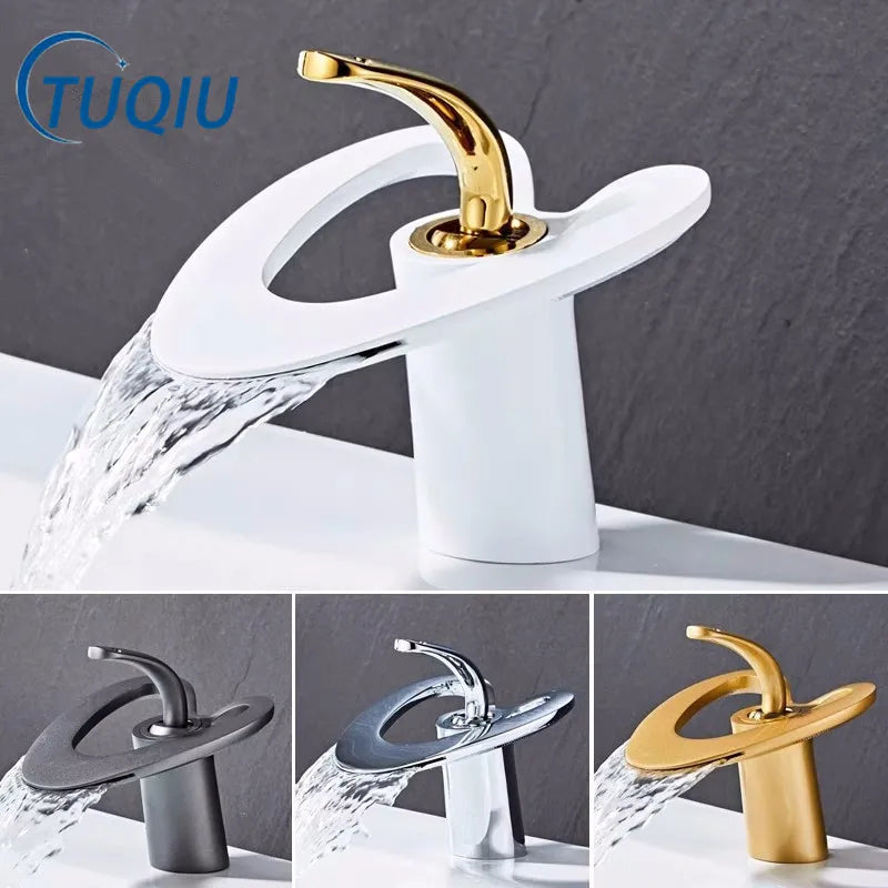 Afralia™ Golden/White Basin Faucet: Black Brass Waterfall Sink Mixer Tap, Hot & Cold.