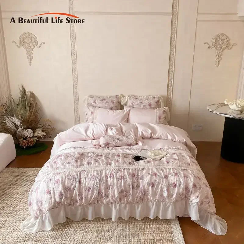 Afralia™ Floral Lace Princess Wedding Bedding Set in Egyptian Cotton