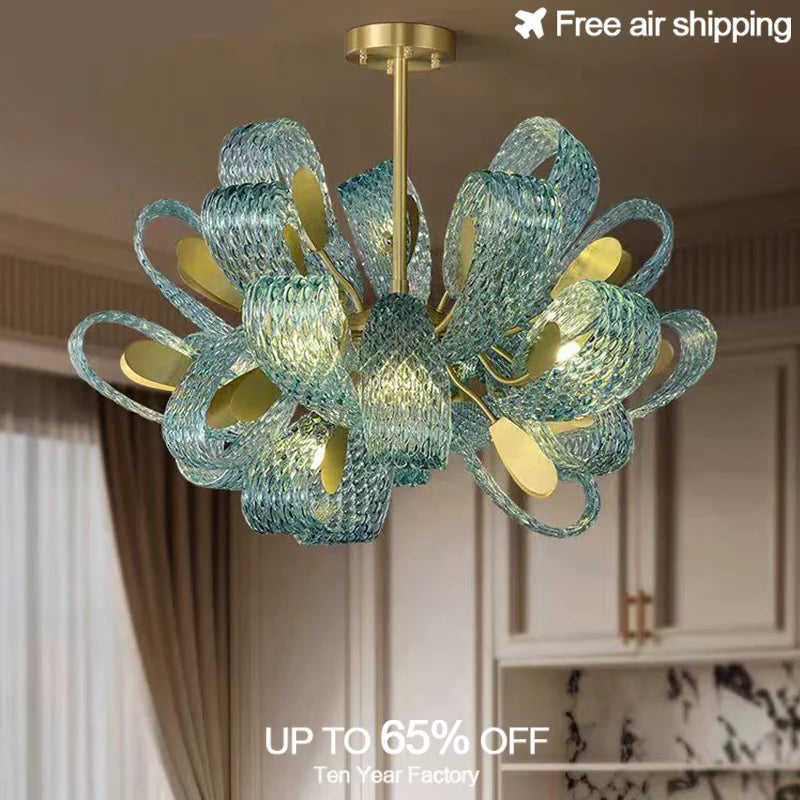 Afralia™ Peacock Blue Glass Shade LED Chandelier for Dining Room Home Decor