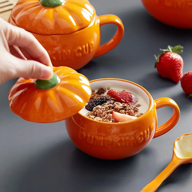 Afralia™ Pumpkin Cute Cup Set with Lid and Spoon for Trendy Students - Ceramic Breakfast Mug