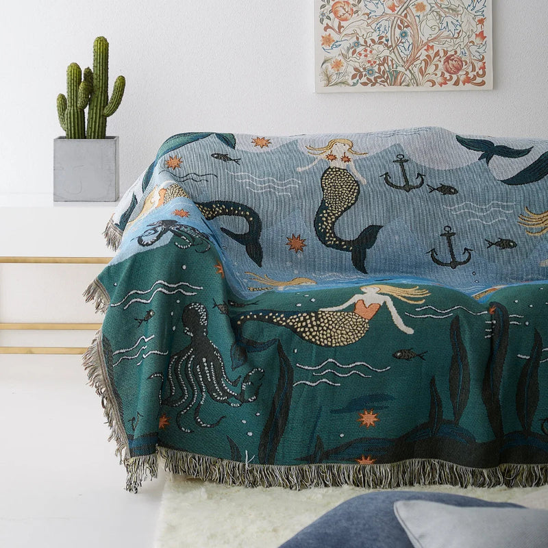 Afralia™ Nordic Mermaid Knitted Sofa Blanket - Boho Decor Throw for Couch, Bedspread, Travel, and Picnics