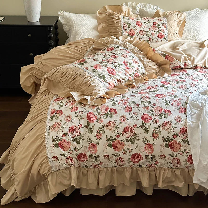 Afralia™ Vintage Floral Lace Ruffles Bedding Set, 100% Cotton, Duvet, Sheets, Pillowcases