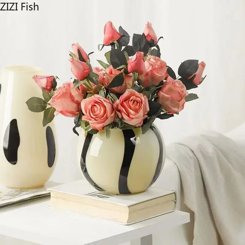 Afralia™ Black Stripes Glass Vase Desk Decoration Artificial Flowers Pots Aesthetic Room Decor