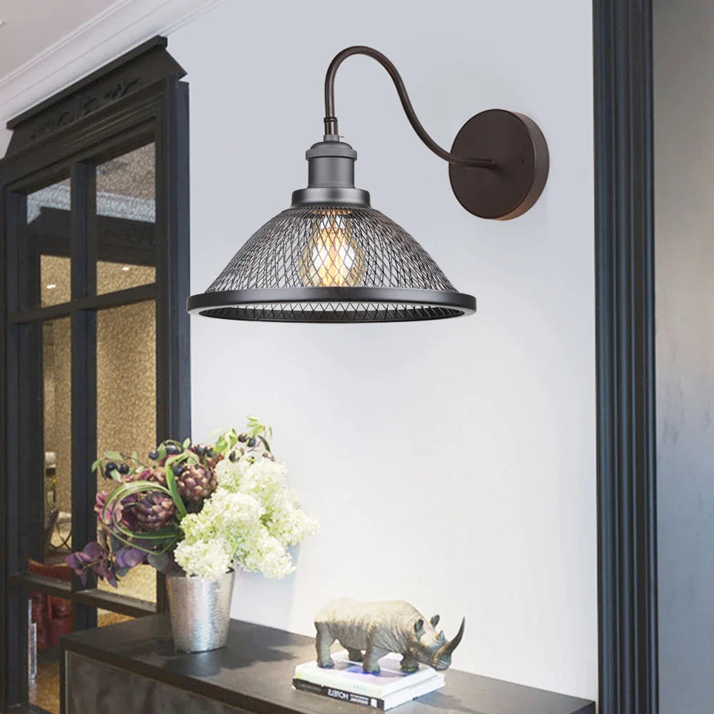 Afralia™ Vintage Gooseneck Black Wall Light e27 Loft Lampshade Cage Indoor Sconce