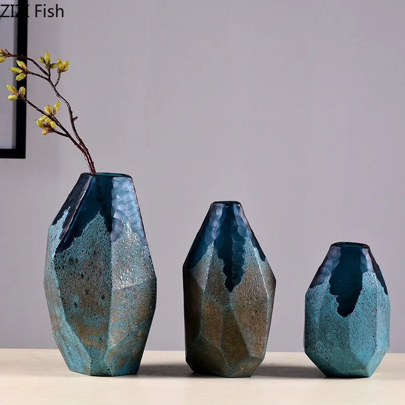 Afralia™ Modern Blue Glass Vase Geometric Texture Desk Decor Flowers Arrangement