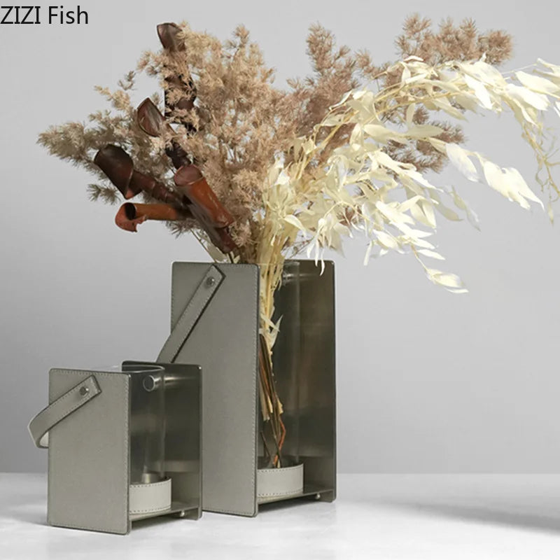 Afralia™ Leather Glass Vase Plant Pot Artificial Flowers Floral Room Decor