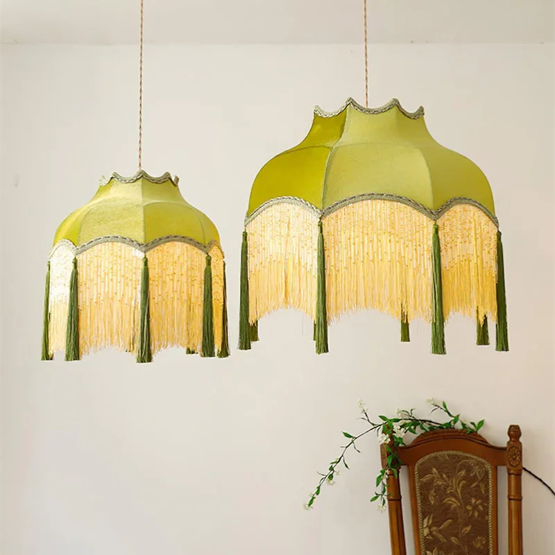 Afralia™ Vintage Green Tassel Pendant Light with Cloth Lamp Shade