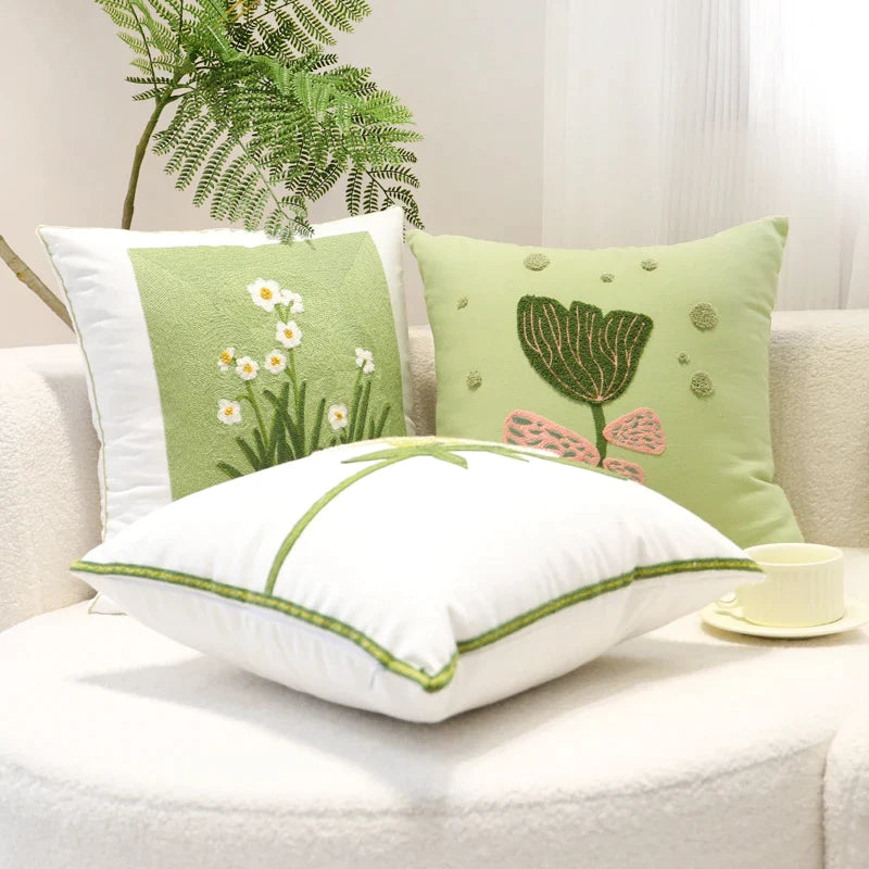Afralia™ Green Embroidered Cotton Cushion Cover, Rustic Throw Pillowcase for Living Room Sofa