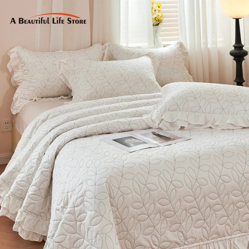 Afralia™ Leaf Embroidery Double Layer Lace Ruffles Quilt Set with Bedspread & Pillowcases
