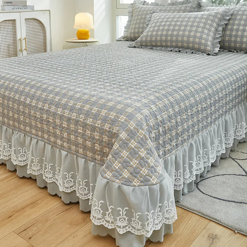 Afralia™ Oversized Printed Bed Skirt Pad Cover with Lace Edge, Cotton Mattress Topper