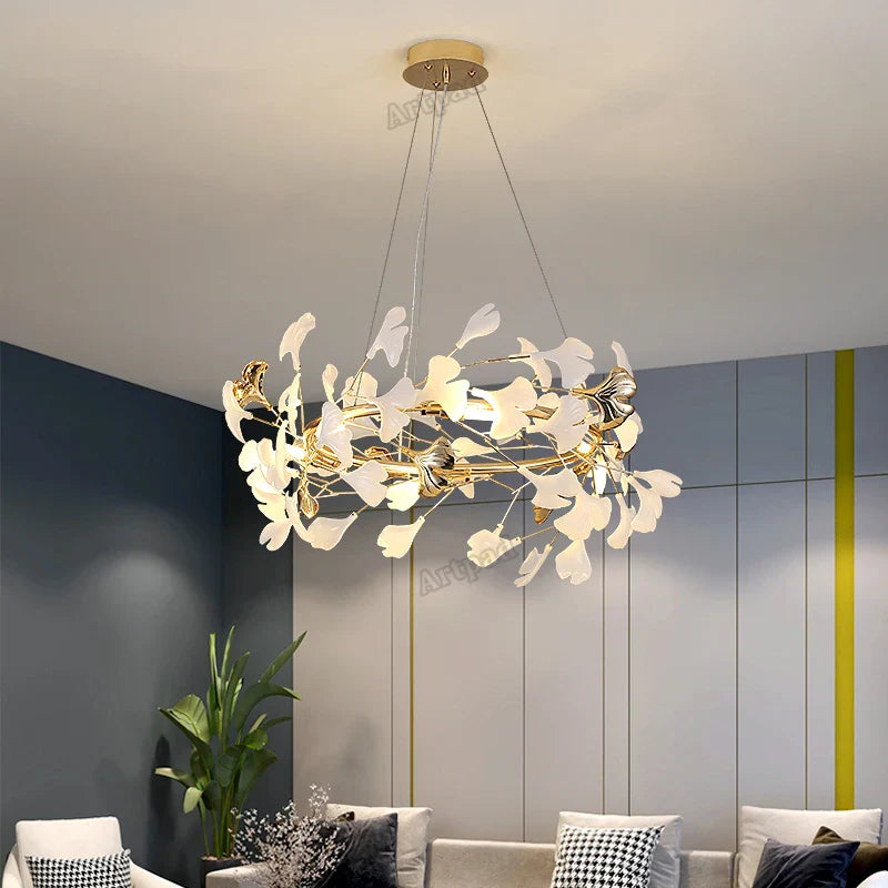 Afralia™ Classic White and Gold Leaf Pendant Lamp for Living Room Dining Room Lighting