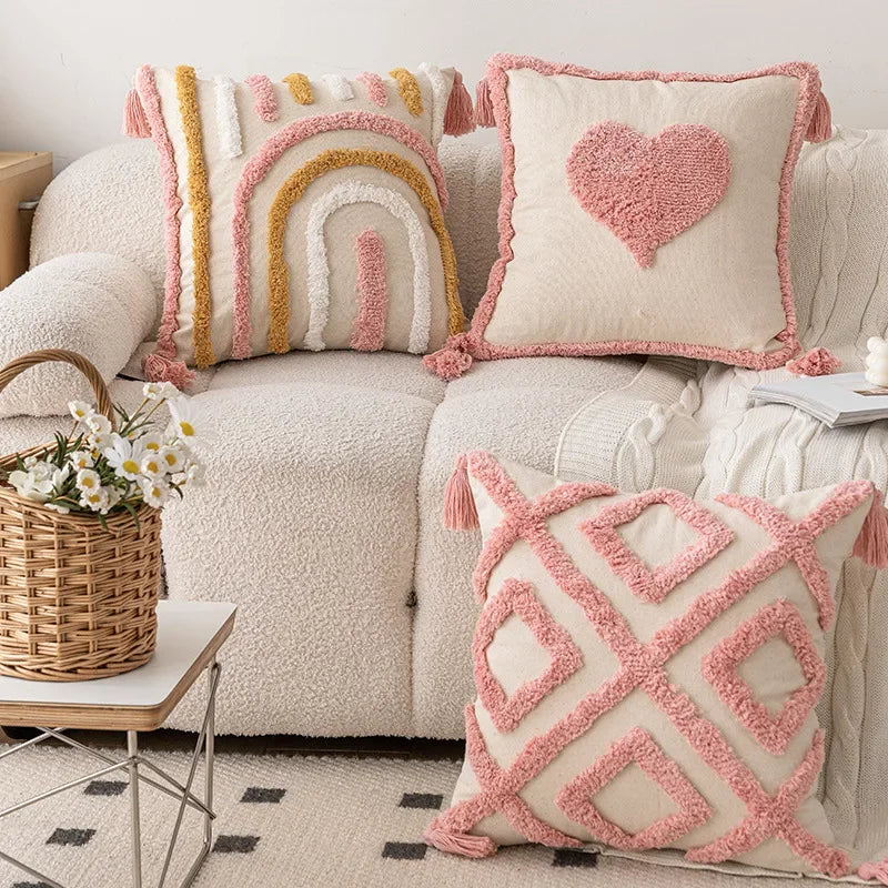 Afralia™ Geometric Pink Tufted Cushion Cover - 45*45cm Embroidered Cotton Canvas Pillow Case