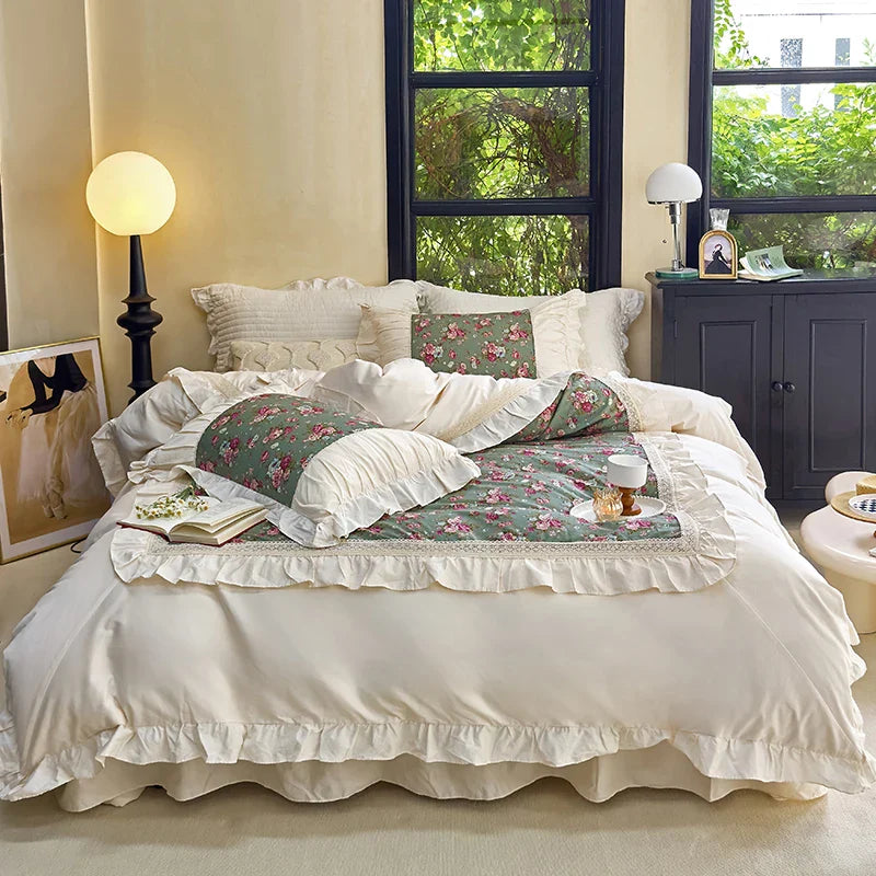 Afralia™ French Flowers Lace Ruffles Cotton Bedding Set with Duvet Cover, Bed Skirt, and Pillowcases