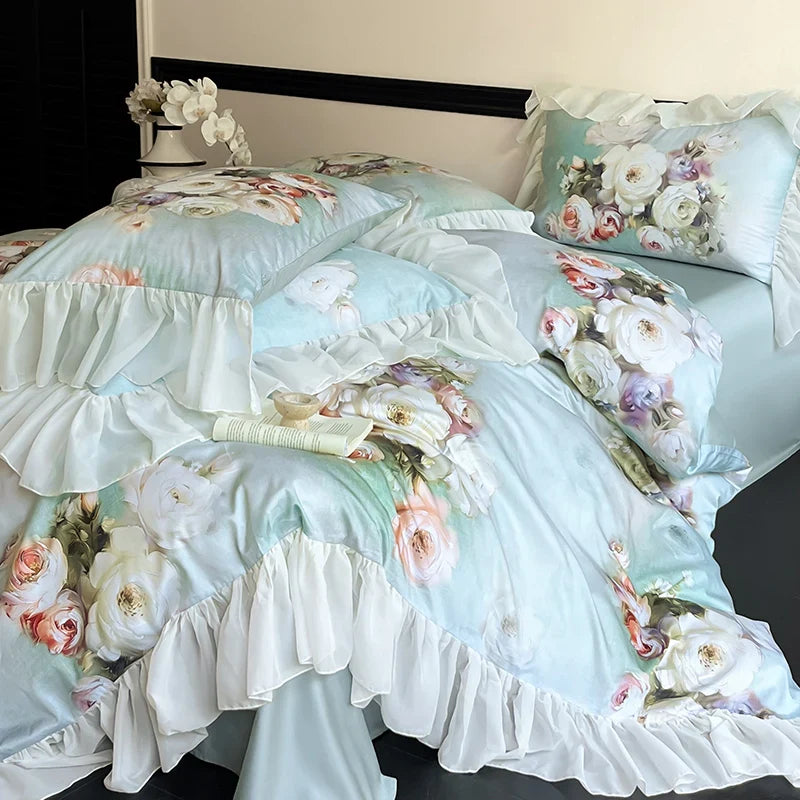 Afralia™ French Flowers Lace Ruffles Bedding Set: Soft Silky Ice Silk for Single Queen King