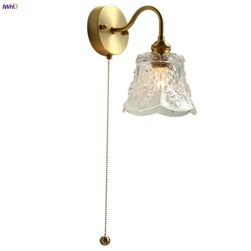 Afralia™ Clear Glass LED Wall Sconce Pull Chain Switch Modern Copper Bedside Lamp