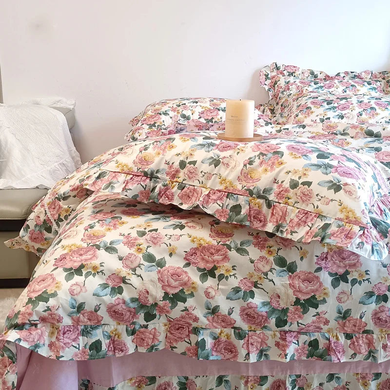 Afralia™ Vintage Rose Flowers Lace Ruffles Cotton Girl Bedding Set - 1 Duvet, 1 Sheet, 2 Pillowcases