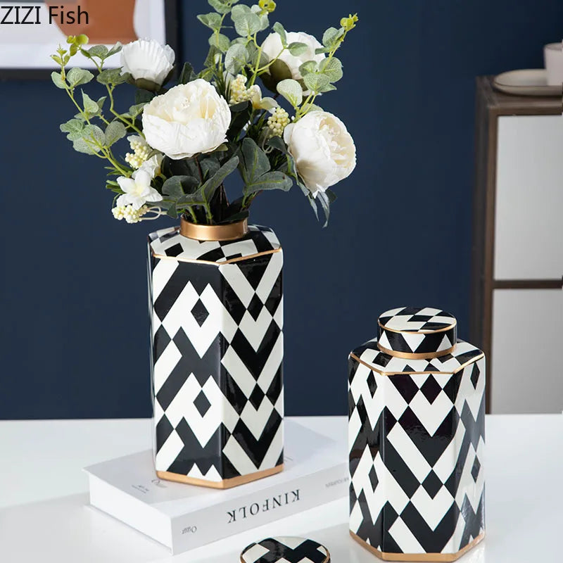 Afralia™ Striped Ceramic Storage Jar Household Vase Candy Container Modern Geometric Decoration