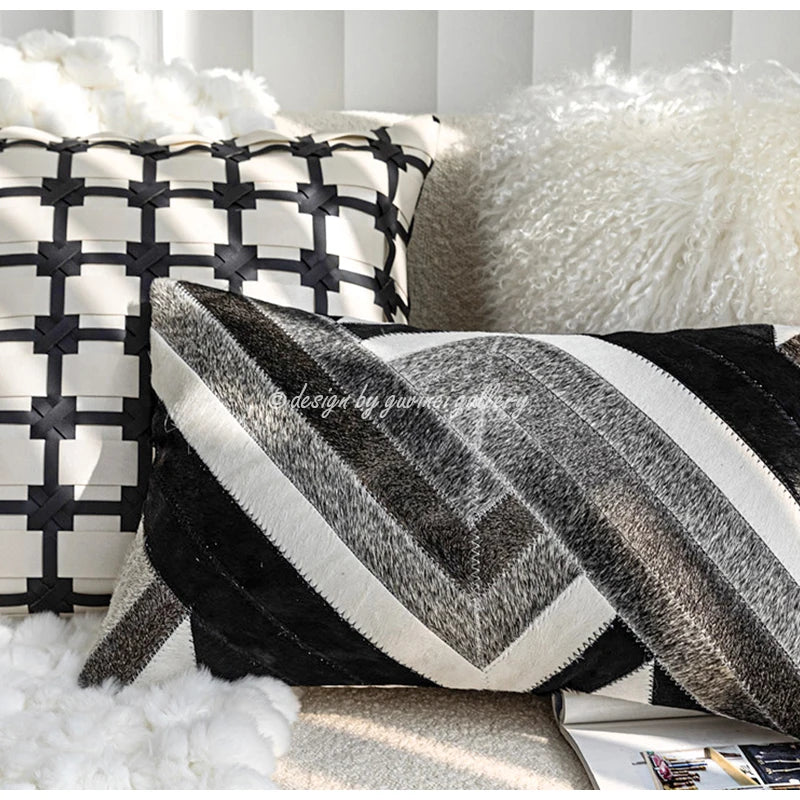 Afralia™ Luxury Cow Leather Lumbar Pillow Case 30x50 Modern Twist Geometry Sofa Couch