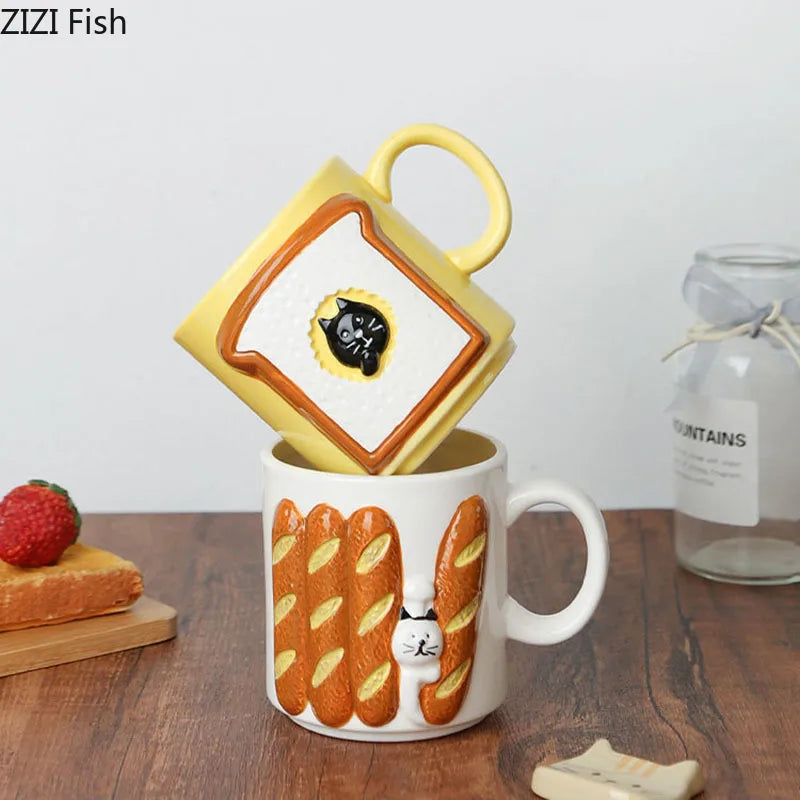 Afralia™ Cat & Bread Pattern Ceramic Cup 200ml Coffee Mug Tea Afternoon Teacup Juice Mug