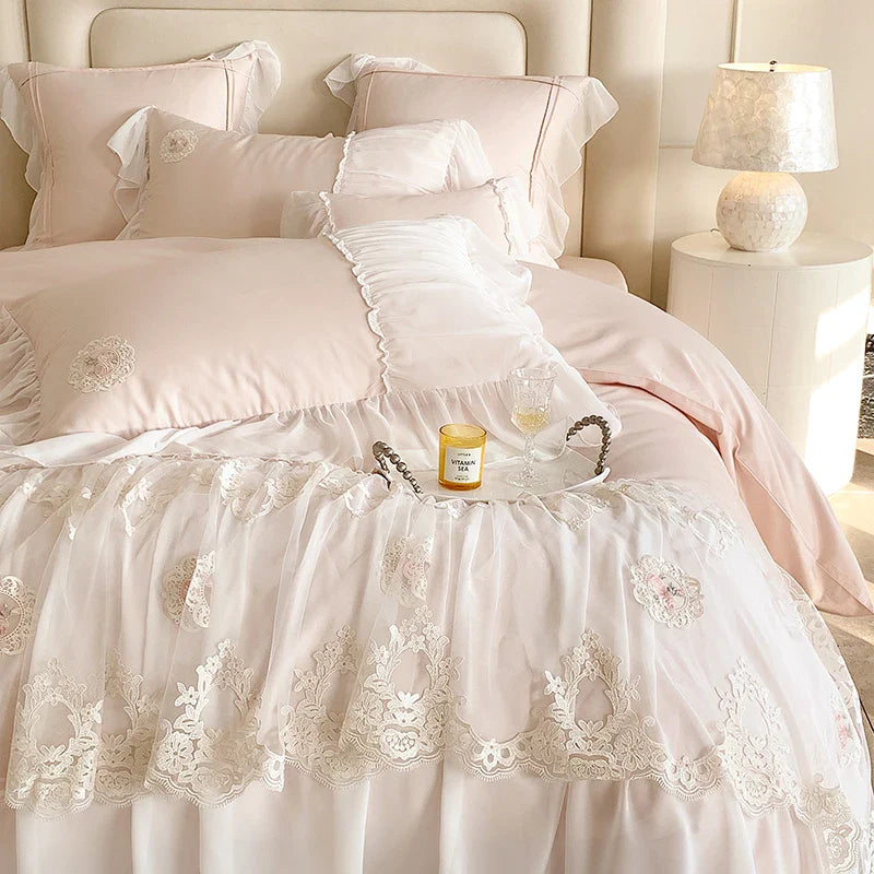 Afralia™ French Lace Ruffles Princess Wedding Bedding Set - 4Pcs 1000TC Cotton - Duvet, Sheet, Pillowcases