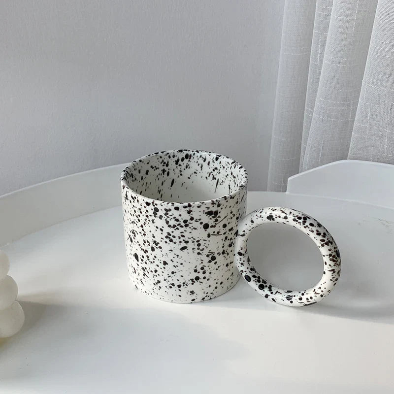 Afralia™ Ceramic Circle Handle Mugs - White Black Splash-ink Design