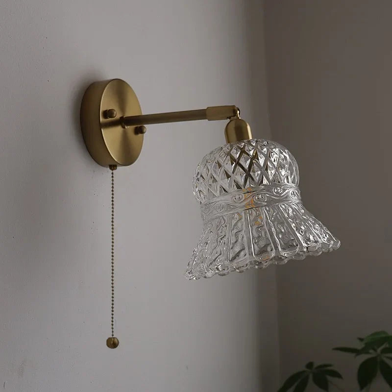 Afralia™ Vintage Copper Glass LED Wall Light with Pull Chain Switch for Dining Room Bedroom