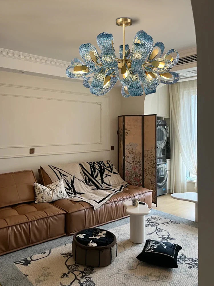 Afralia™ Blue Glass Luxury Brass Ceiling Pendant Light - Creative Flower Design