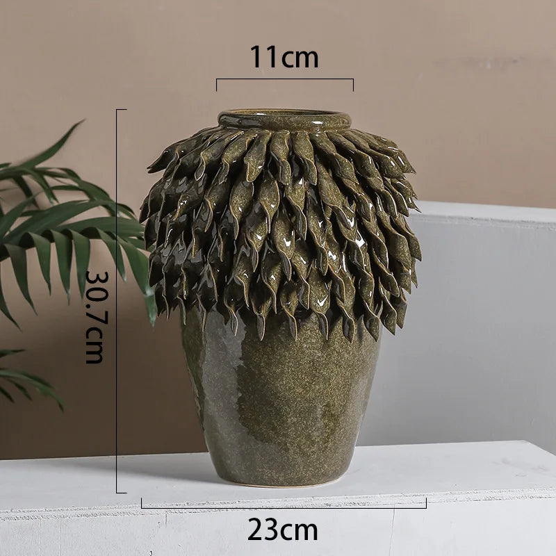 Afralia™ Leaf Relief Ceramic Vase: Hand-made 3D Floral Arrangement Pot