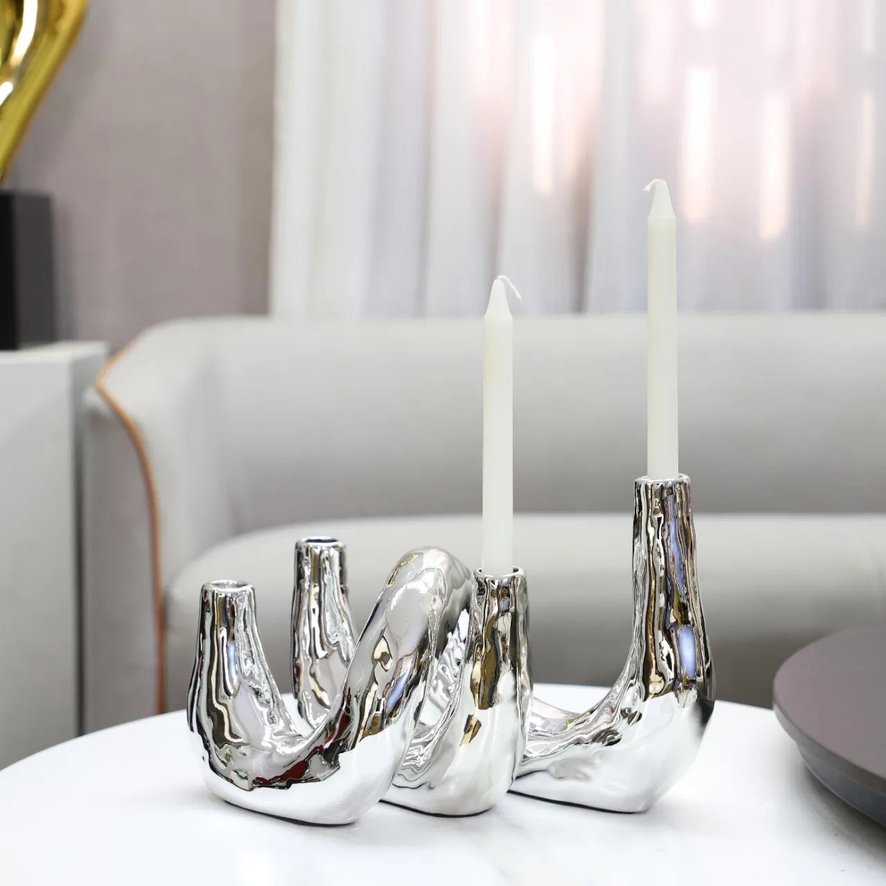 Afralia™ Silver Resin Geometric Candle Holder Candelabrum for Home Decor & Weddings
