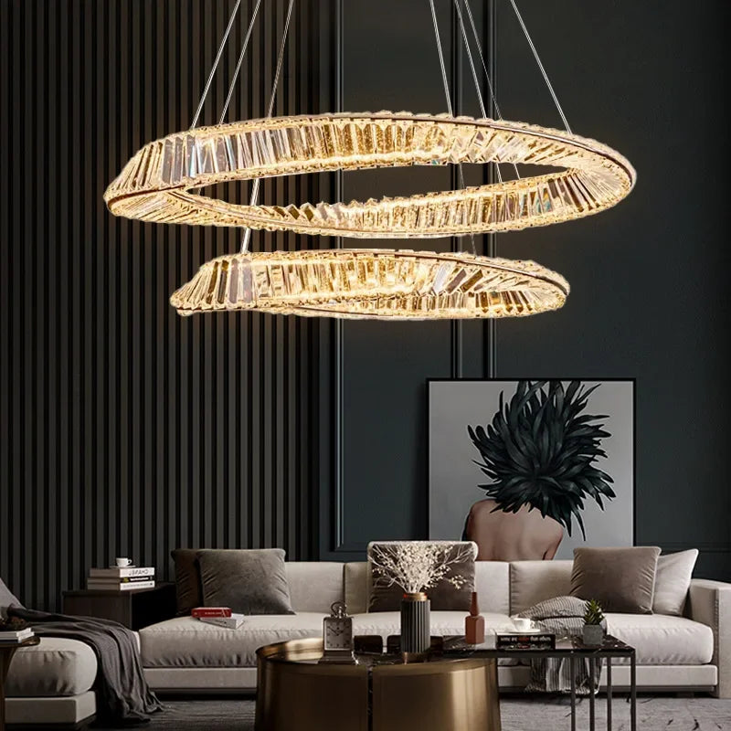Afralia™ Gold Crystal Ring Chandelier with Dimmable LED for Living Room and Bedroom