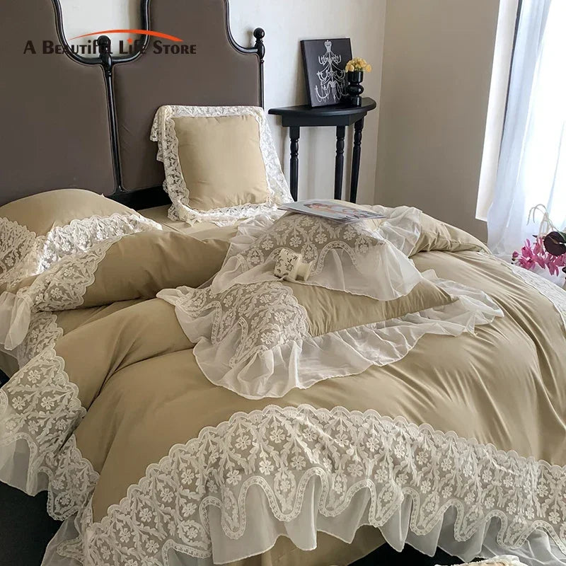 Afralia™ Romance Lace Ruffles Bedding Set 4Pcs, 200x230cm, Princess Wedding Theme