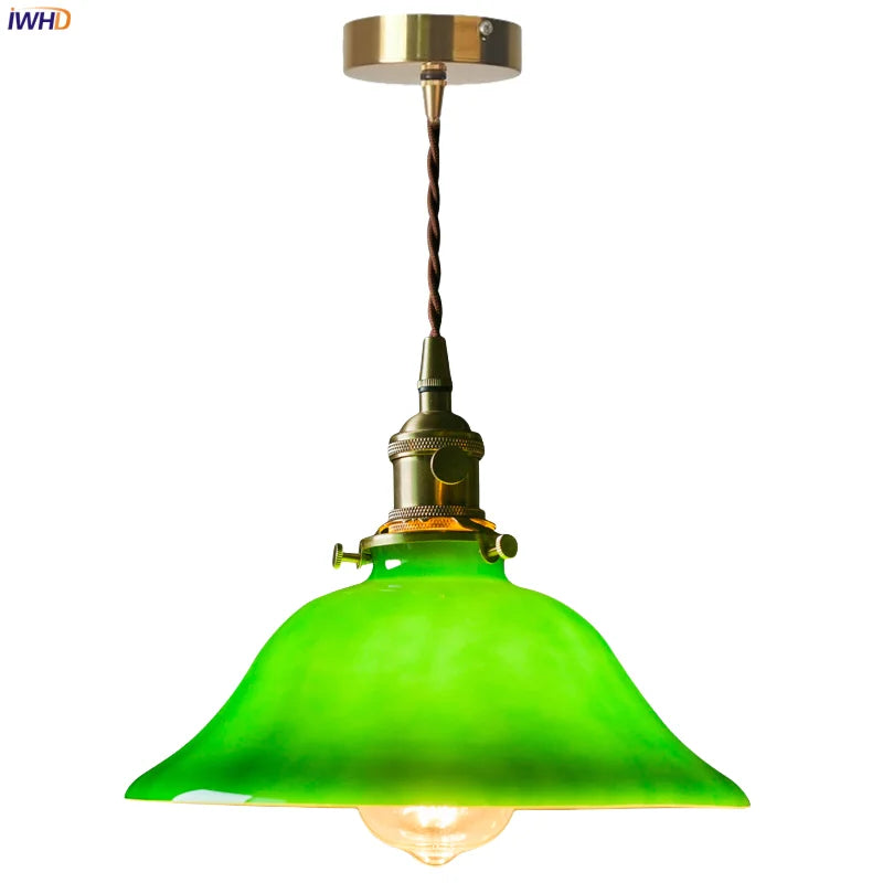 Afralia™ Vintage Green Brass Glass LED Pendant Light for Home and Cafe Décor