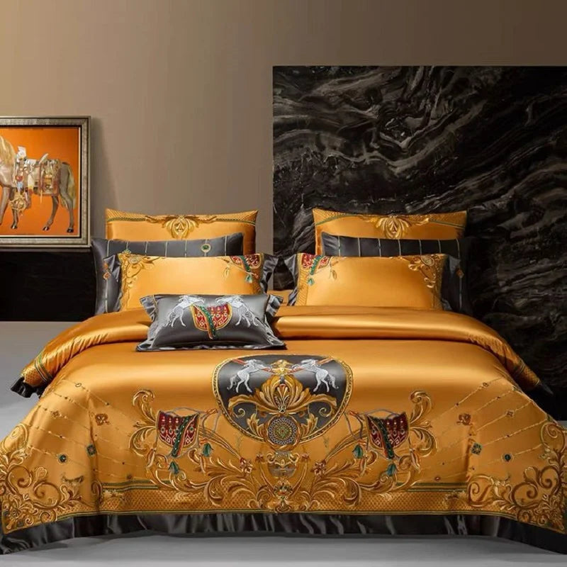 Afralia™ Luxe Brocade Cotton Embroidered Bedding Set - Quilt Cover Bed Linen Bedspread