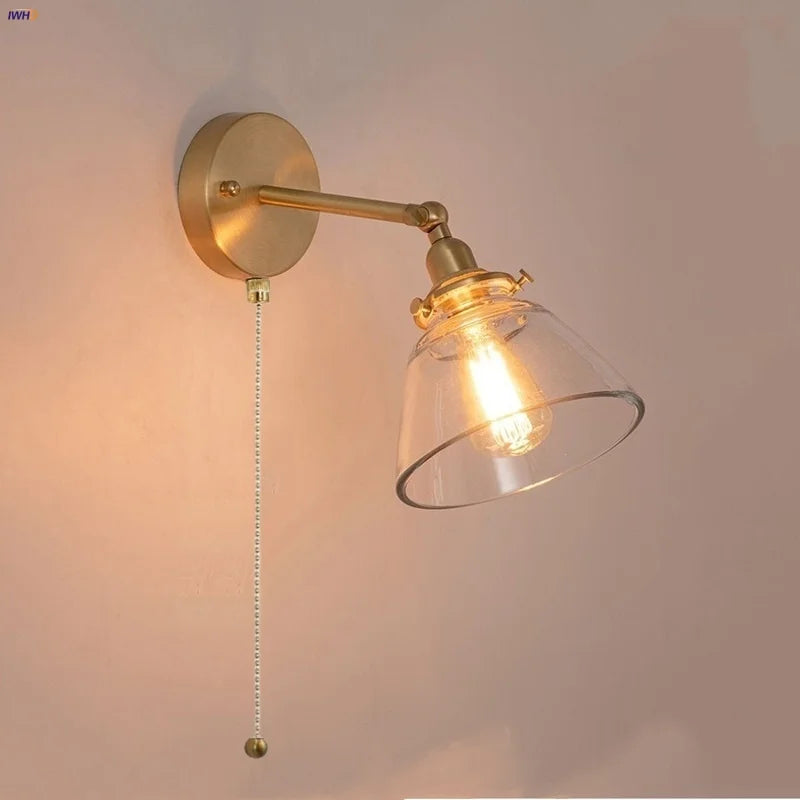 Afralia™ Clear Glass LED Wall Lights Pull Chain Switch Modern Bedside Lamp