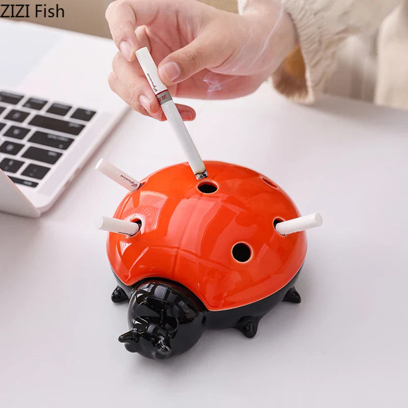 Afralia™ Ladybug Ceramic Ashtray - Windproof Desk Decoration & Smoking Accessory