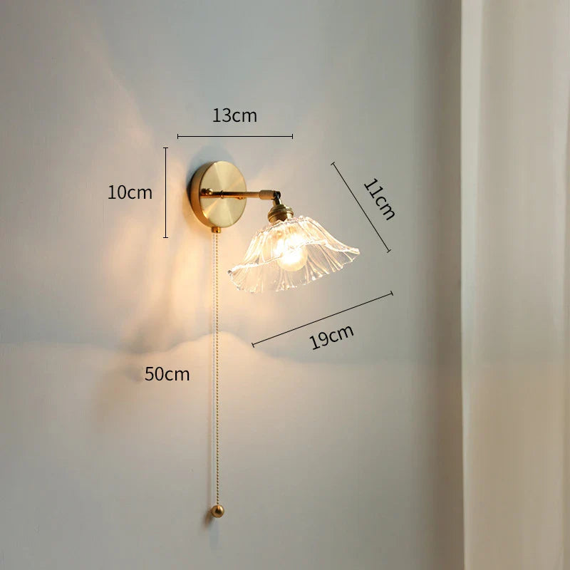 Afralia™ Glass Shade LED Wall Light with Pull Chain Switch - Plug-In Bedroom Lamp