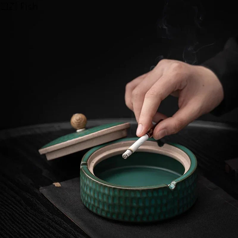 Afralia™ Green Ceramic Ashtray with Lid - Windproof Hammer Pattern - Smoking Accessories