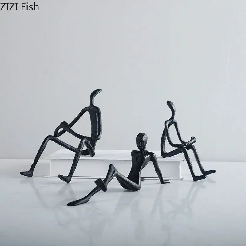 Afralia™ Seated Figures Cast Iron Sculpture for Room Decor - Abstract Metal Ornaments