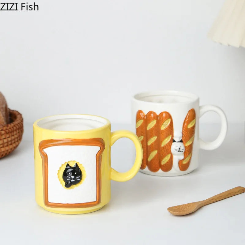 Afralia™ Cat & Bread Pattern Ceramic Cup 200ml Coffee Mug Tea Afternoon Teacup Juice Mug