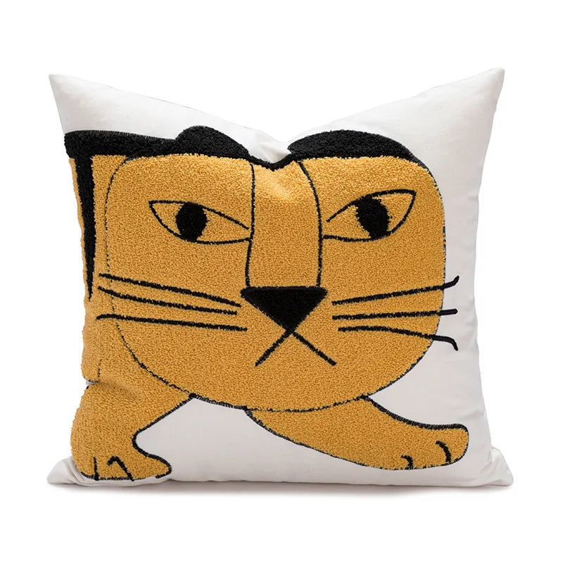 Afralia™ Cartoon Tiger Embroidered Cotton Pillow Cover for Bedroom