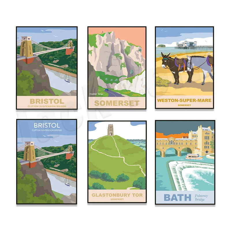 Wells Cathedral, Weston-super-Mare, Avebury Stone Circle, Clifton Suspension Bridge Travel Poster by Afralia™