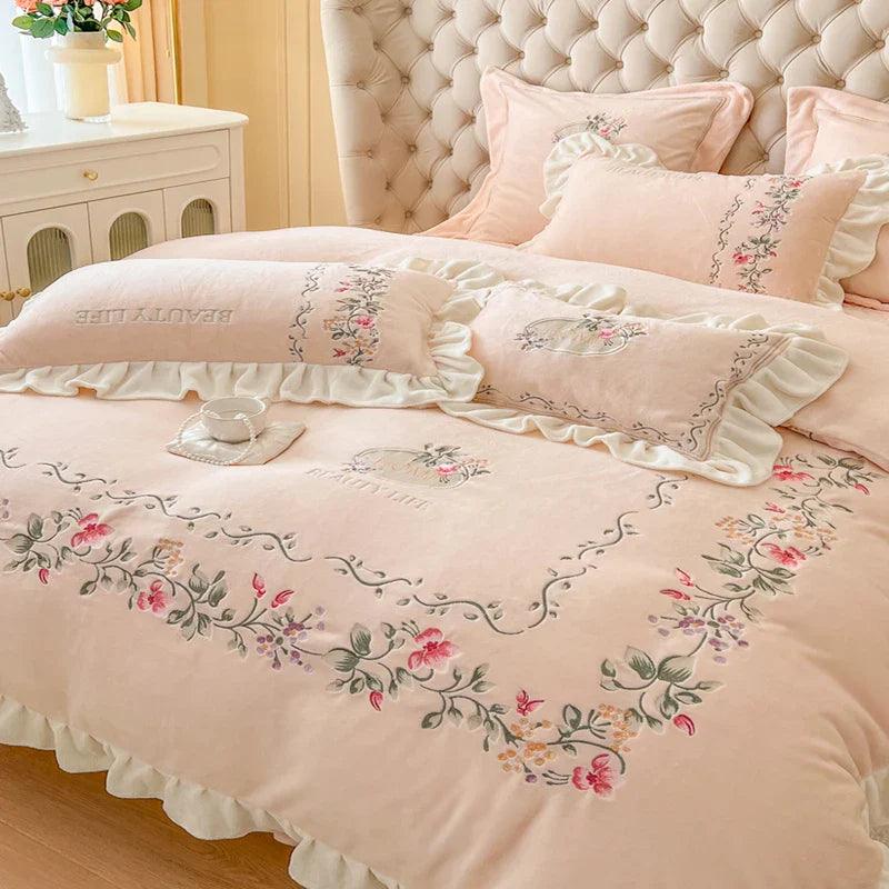 Afralia™ Pink Flowers Embroidery Princess Bedding Set - Velvet Material