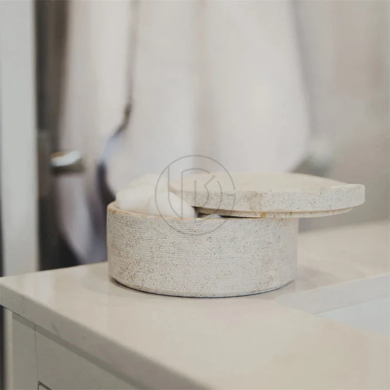 Afralia™ Marble Beige Travertine Storage Jar with Lid