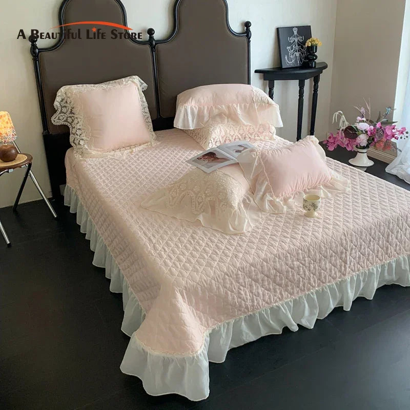 Afralia™ Pink Lace Ruffles Quilted Bedspread 250x260cm Bed Cover - Summer Quilt