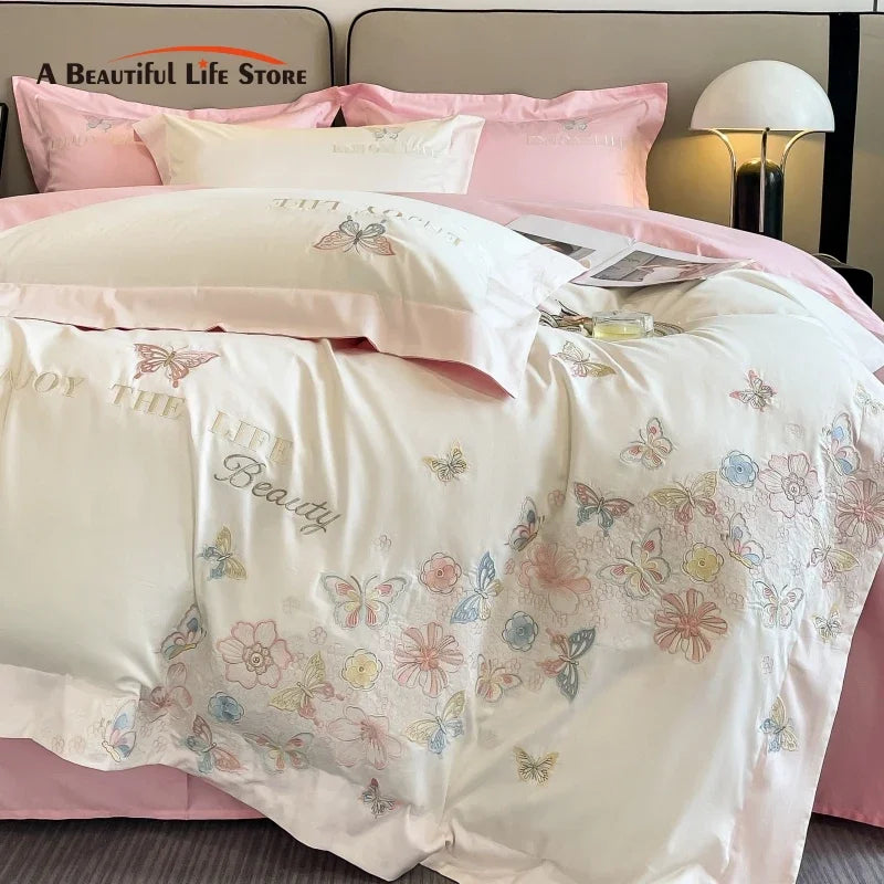 Afralia™ Luxury Butterfly Flowers Embroidery White/Pink Bedding Set