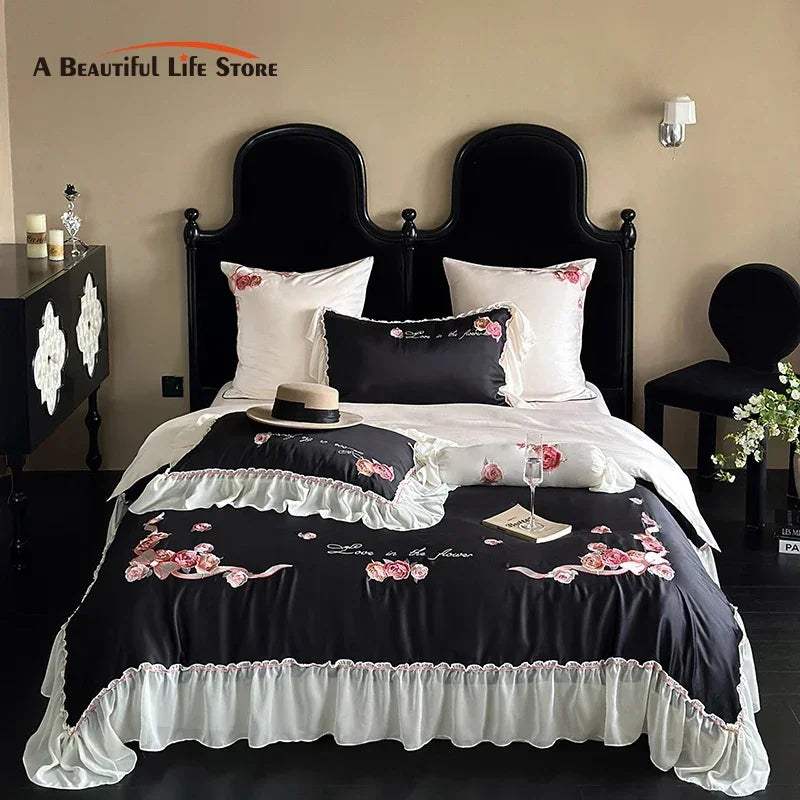 Afralia™ Floral Lace Princess Wedding Bedding Set with Lyocell Cotton Duvet Cover & Ruffles