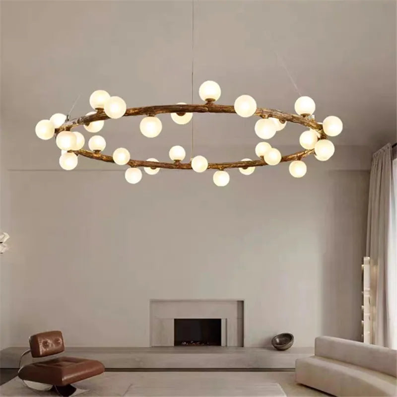 Afralia™ Nordic Wooden Chandelier Ring with Milky White Glass Light