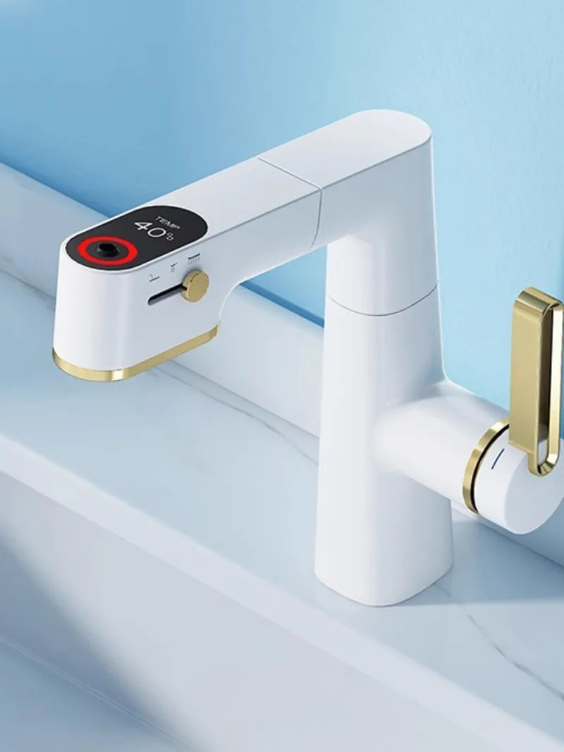 Afralia™ LED Basin Faucet Pull Out White Gold Water Mixer Sink Tap